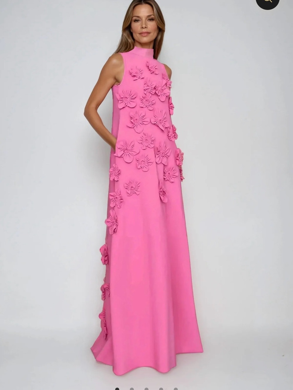 High-Neck Pink Floral Appliqué Maxi Dress